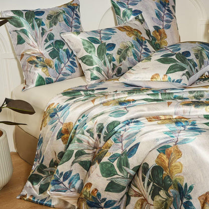 Satin Bettwäsche Set 135x200 cm, Grün, Vintage Pflanzenstil