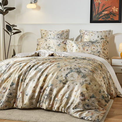 Satin Bettwäsche Set 135x200 cm - Blumenmuster Vintage Stil