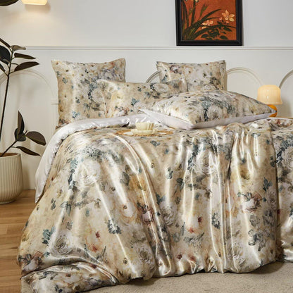 Satin Bettwäsche Set 135x200 cm - Blumenmuster Vintage Stil