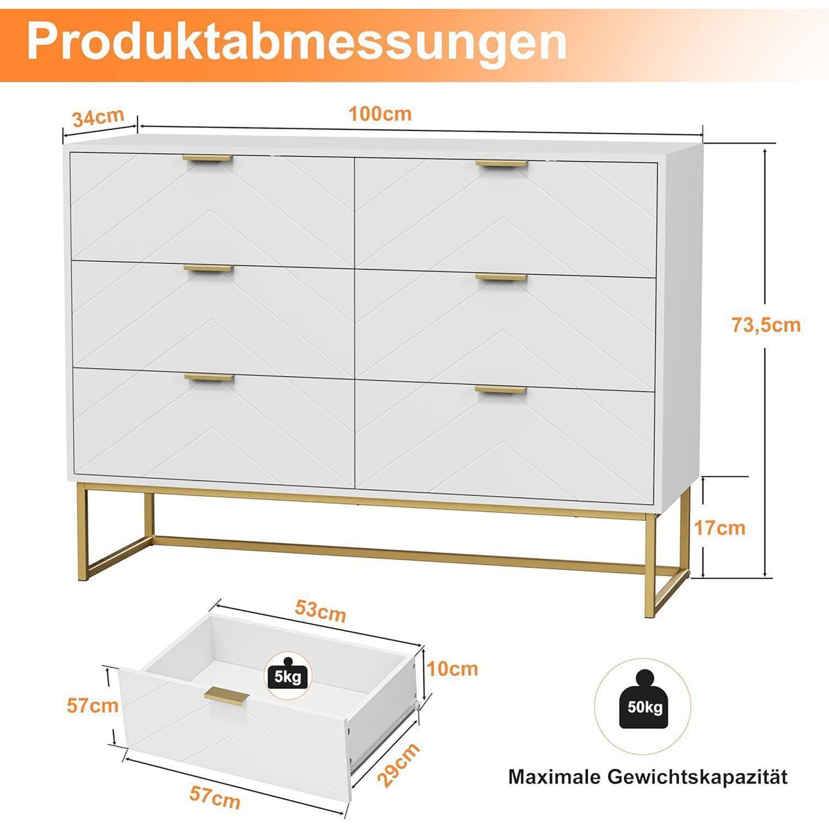 Kommode mit 6 Schubladen, Weiß – Schmaler Beistellschrank für Wohnzimmer