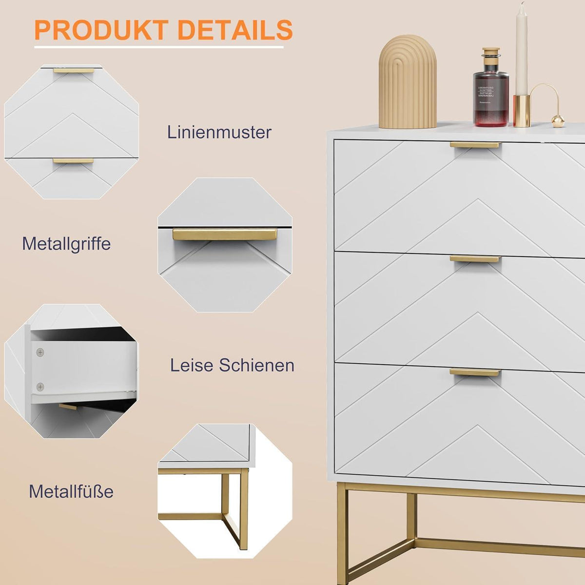 Kommode mit 6 Schubladen, Weiß – Schmaler Beistellschrank für Wohnzimmer