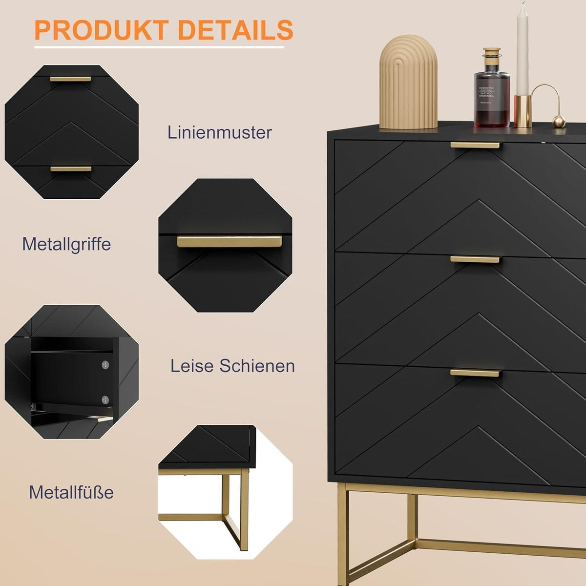 Schubladenschrank 6 Schubladen Schwarz – V-Linie Serie