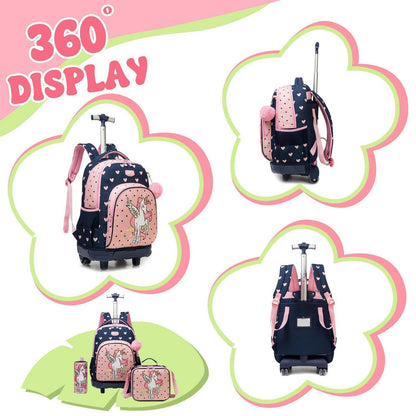 Kinder Trolley Rucksack mit Rollen – Einhorn Design 3-teilig