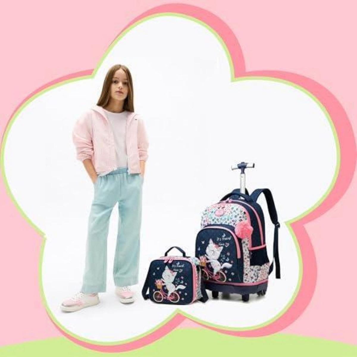 Kinder Trolley Rucksack mit Rollen – Schulranzen Set für Mädchen
