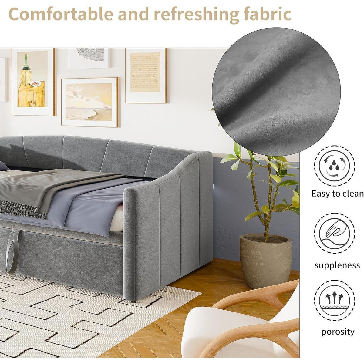 Schlafsofa 90x200cm – Ausziehbar, Samt, Grau