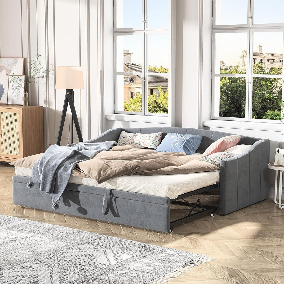 Schlafsofa 90x200cm – Ausziehbar, Samt, Grau