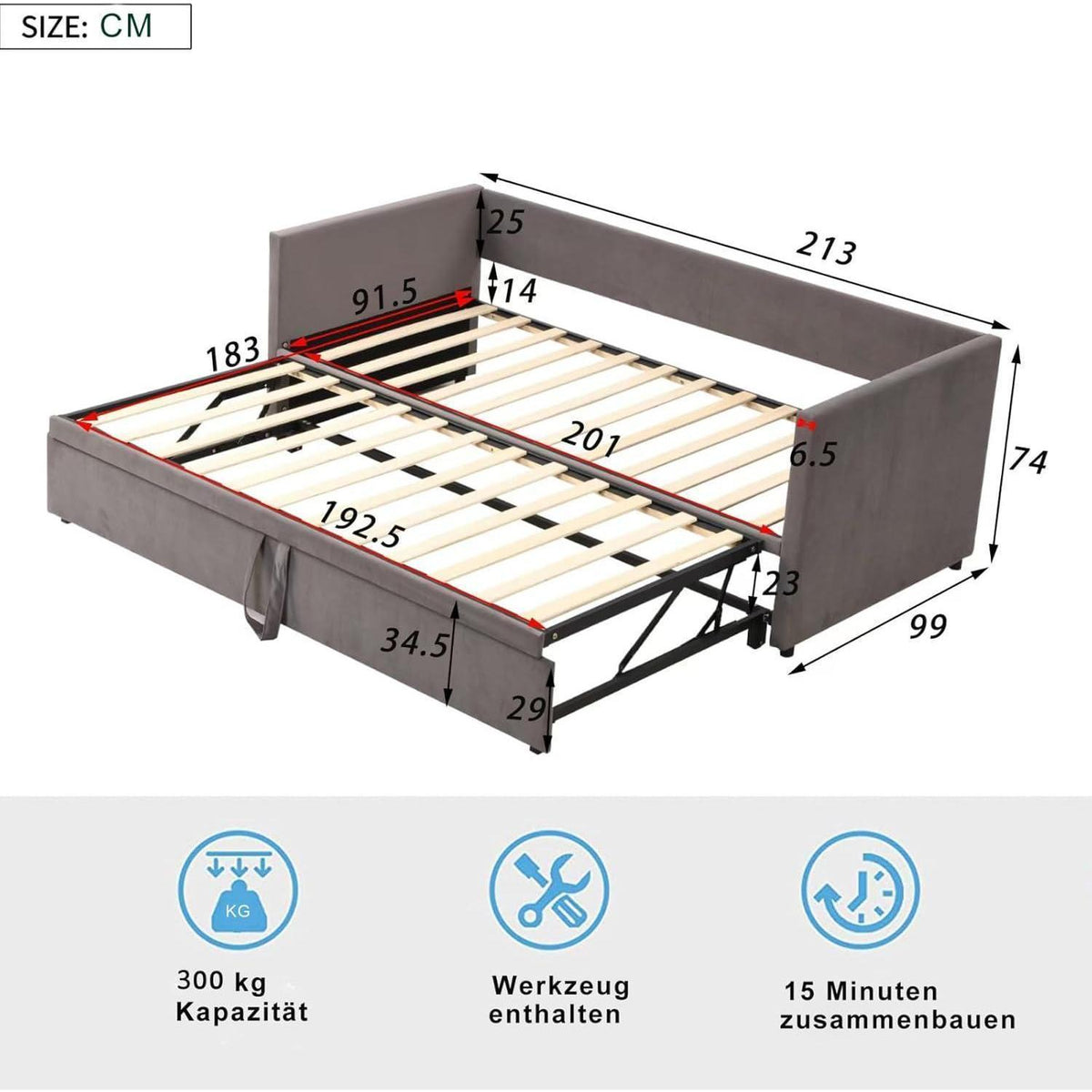 Convertible Schlafsofa 180x200 cm mit Lattenrost & Bettrahmen