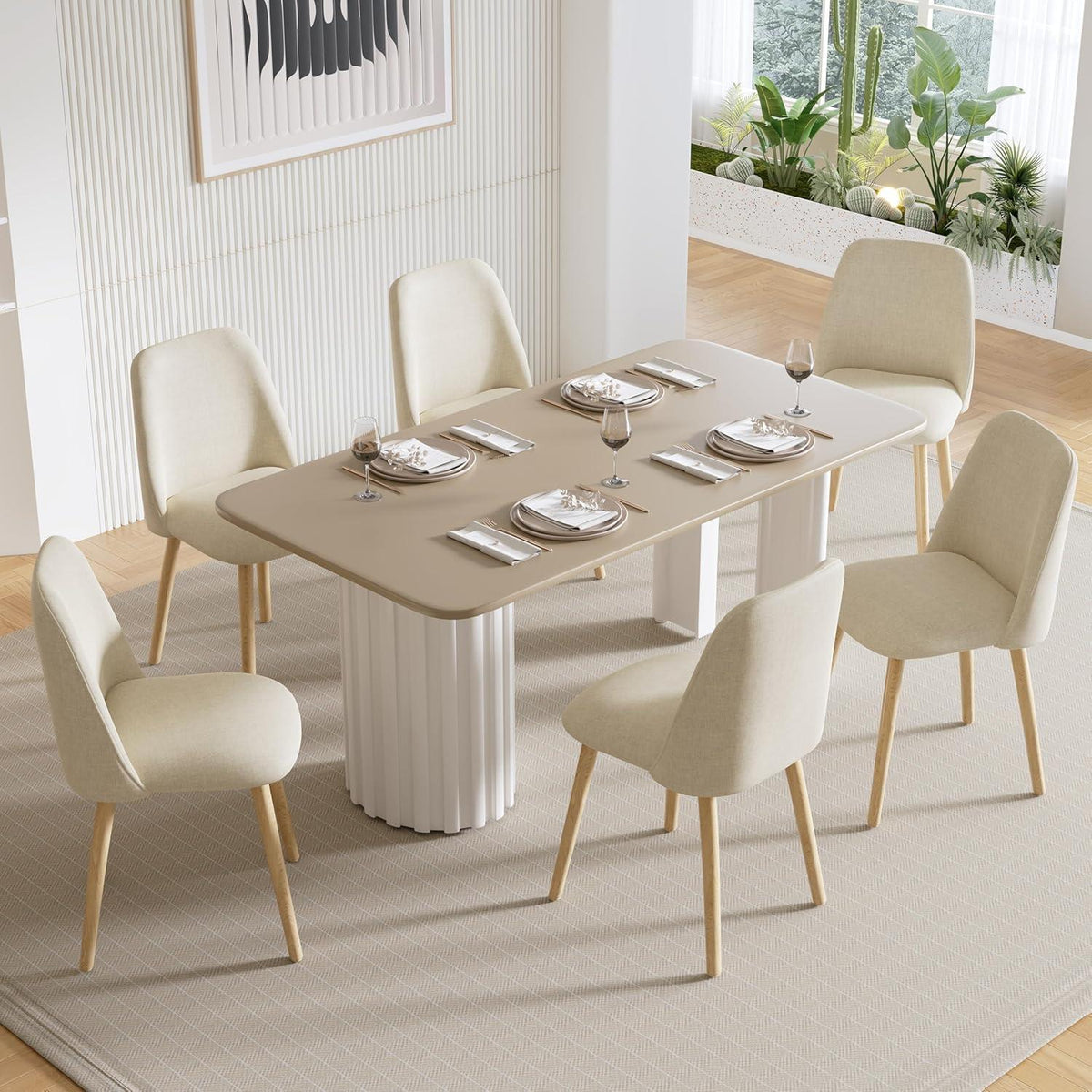 Esszimmerstühle 6er Set, Polsterstuhl Creme mit Holzbeinen