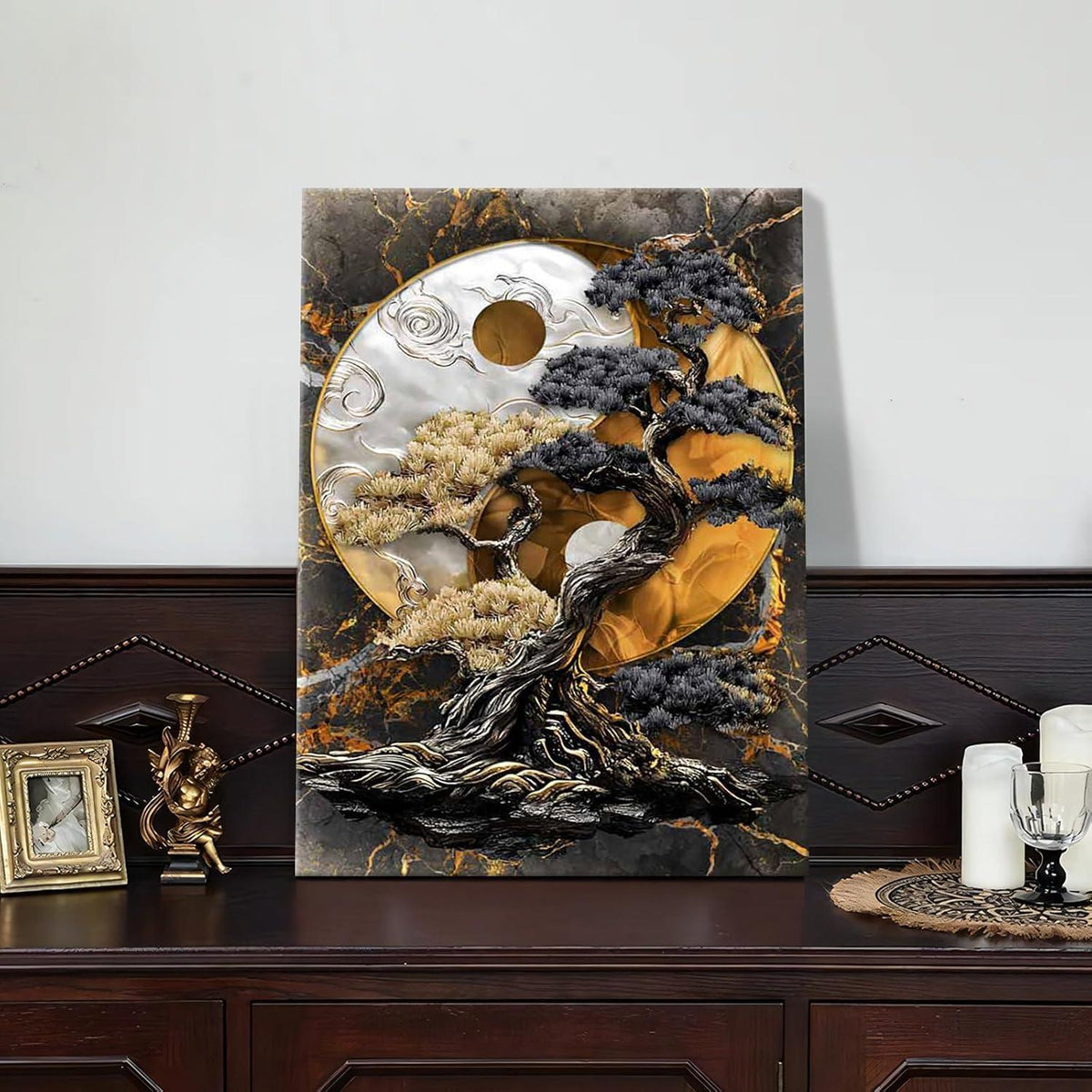 Gerahmtes Yin Yang Baum Leinwandbild – Wandkunst für Wohnzimmer
