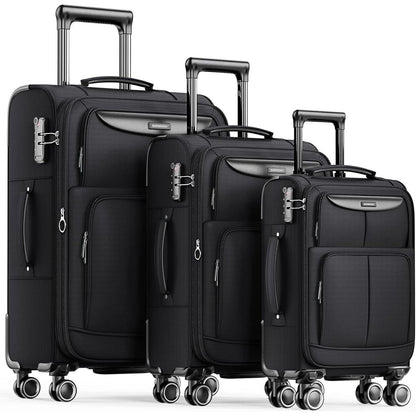 3-teiliges Stoffkoffer-Set mit TSA-Schloss, erweiterbar, 4 Rollen, Schwarz