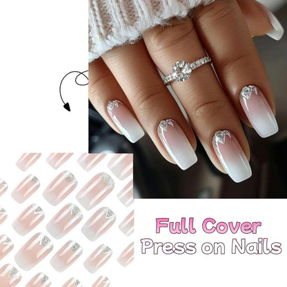24er Set Falsche Nägel mit Farbverlauf & Diamanten – French Design
