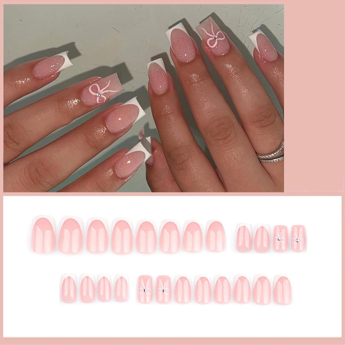 24er Set French Bow Aufklebe Nägel – Weiß Rosa Maniküre DIY