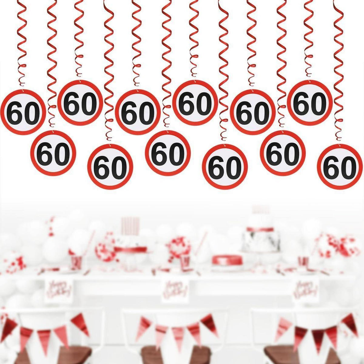 Girlande 60. Geburtstag Deko – 12x Verkehrsschild Spiralen