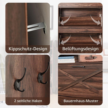 Schmaler Schuhschrank mit 2 Klappen – Braun & Platz für 16 Paar