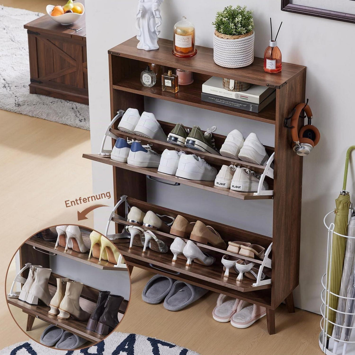Schmaler Schuhschrank mit 2 Klappen – Braun & Platz für 16 Paar
