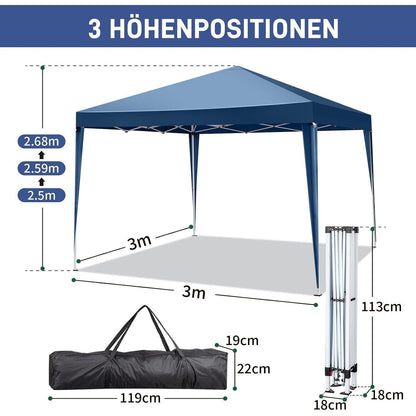 3x3m Faltpavillon Blau mit 4 Seitenteilen – Wasserdicht & Stabil