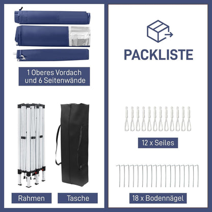 3x6m Faltpavillon Blau mit 6 Seitenteilen – Wasserdicht & Stabil