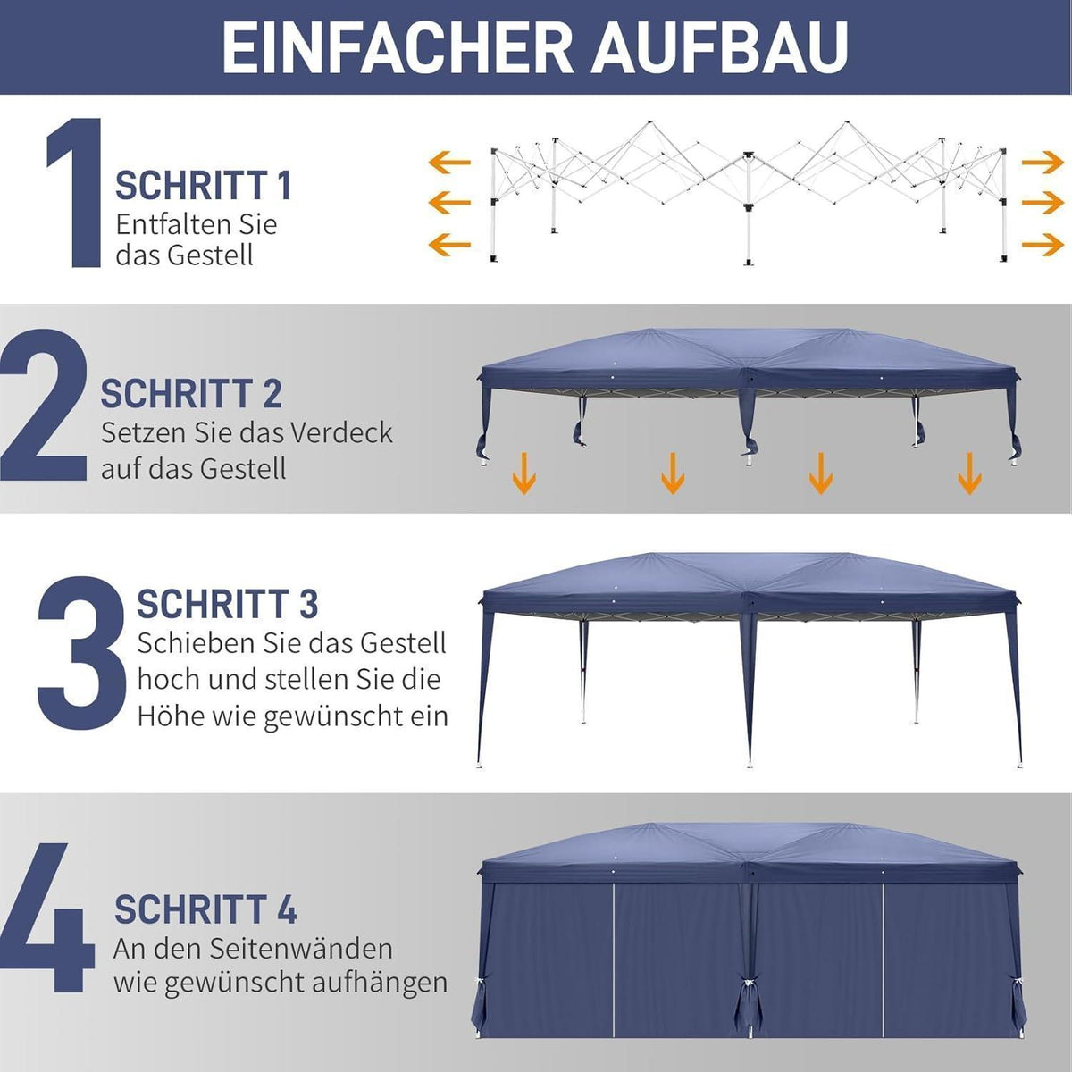 3x6m Faltpavillon Blau mit 6 Seitenteilen – Wasserdicht & Stabil
