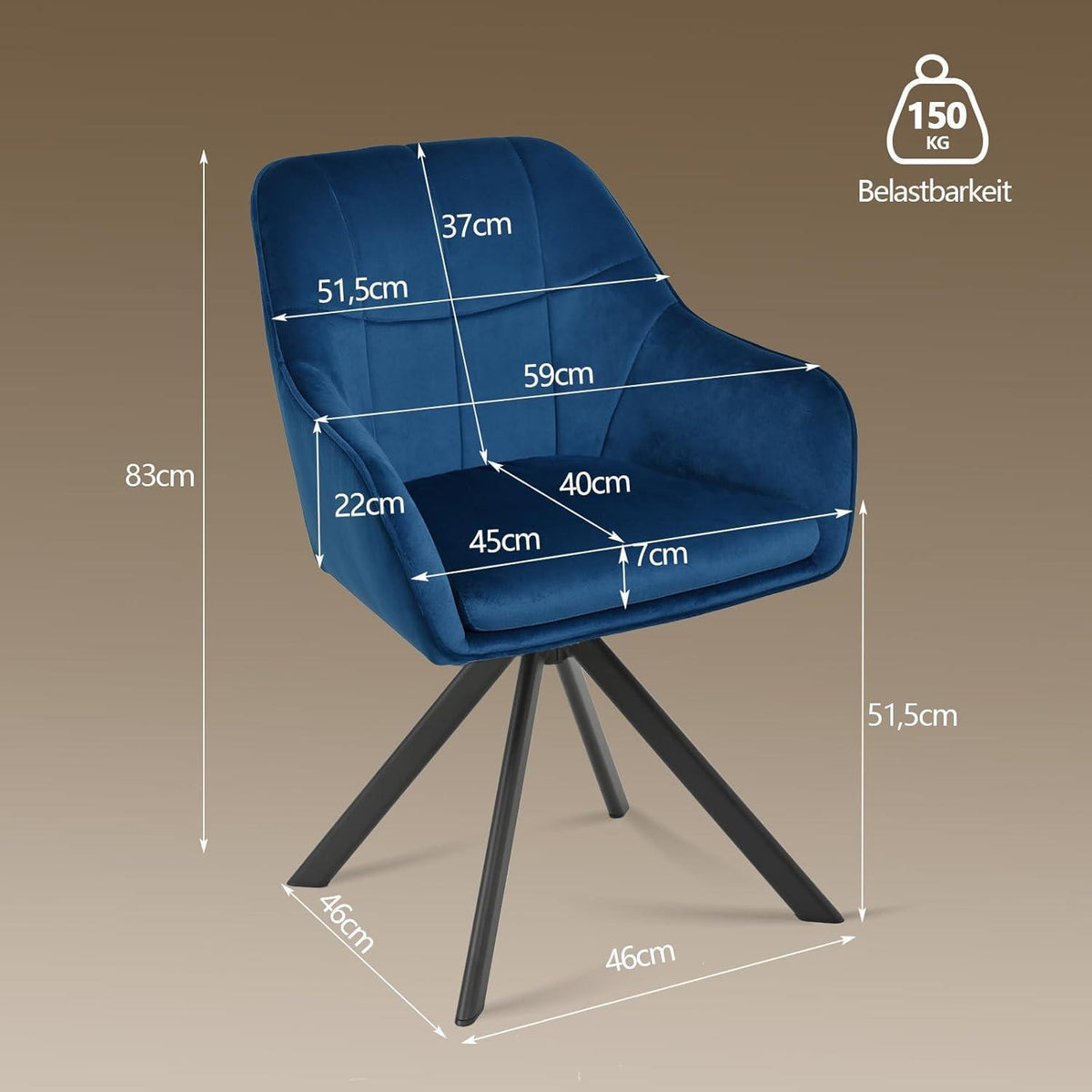 Drehbarer Esszimmerstuhl Set Dunkelblau – Samt & Metall