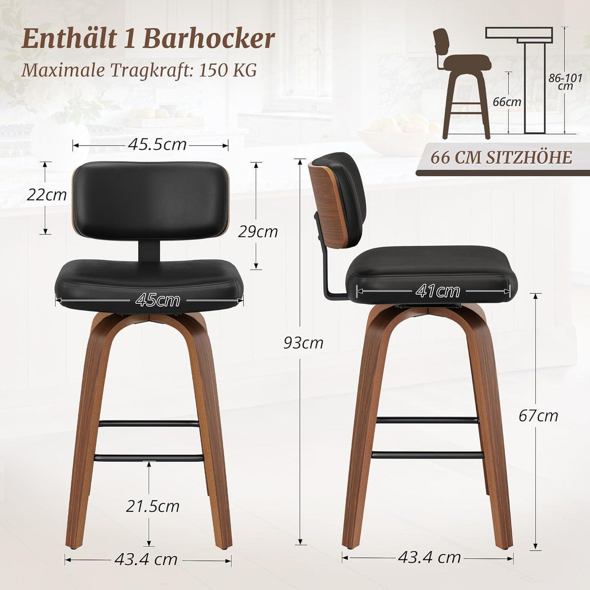 Drehbarer Barhocker mit Lehne – Schwarz, 67 cm hoch