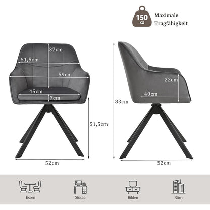Drehbarer Esszimmerstuhl Set Grau – Samt & Metall, 2er Pack