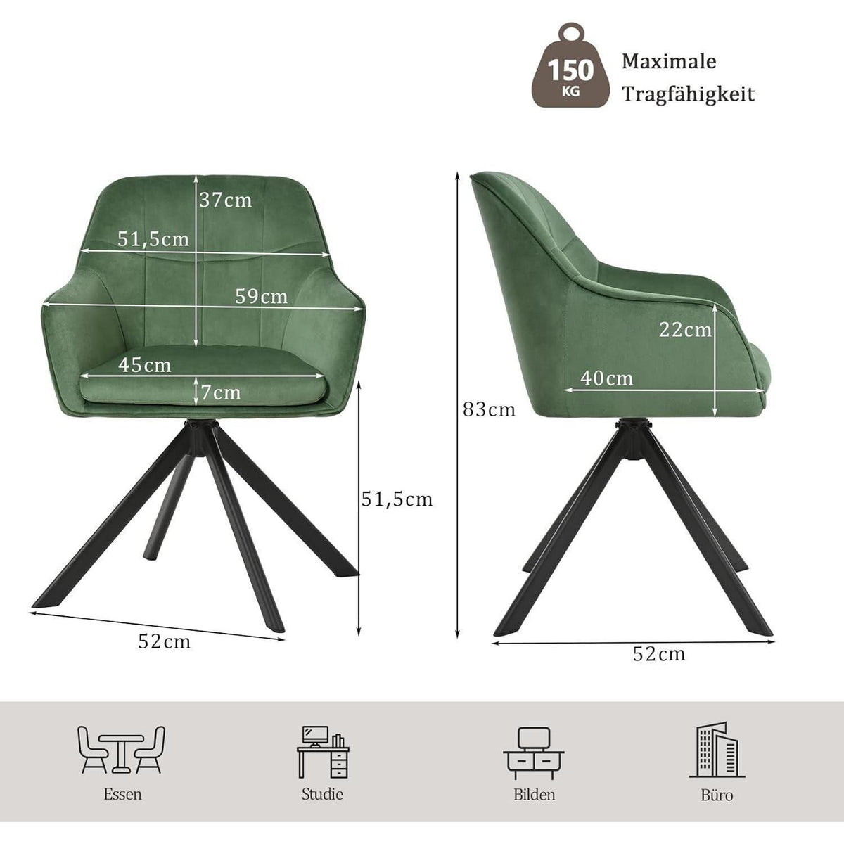 Drehstuhl Esszimmer 2er Set Samt Grün mit Armlehne