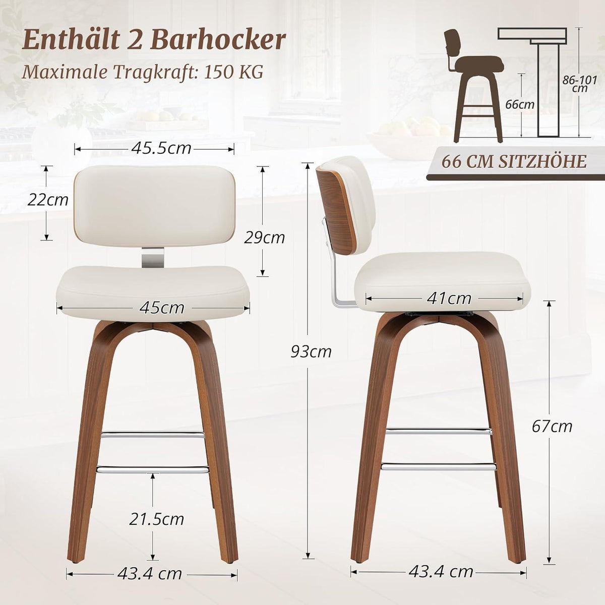 Drehbarer Barhocker 2er Set mit Lehne – Weiß