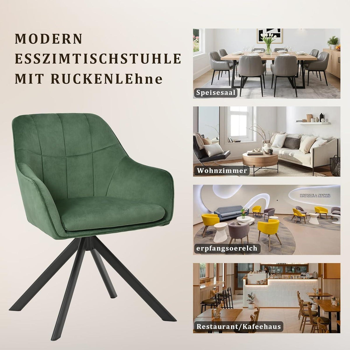 Drehstuhl Esszimmer 4er Set Samt Grün mit Armlehne
