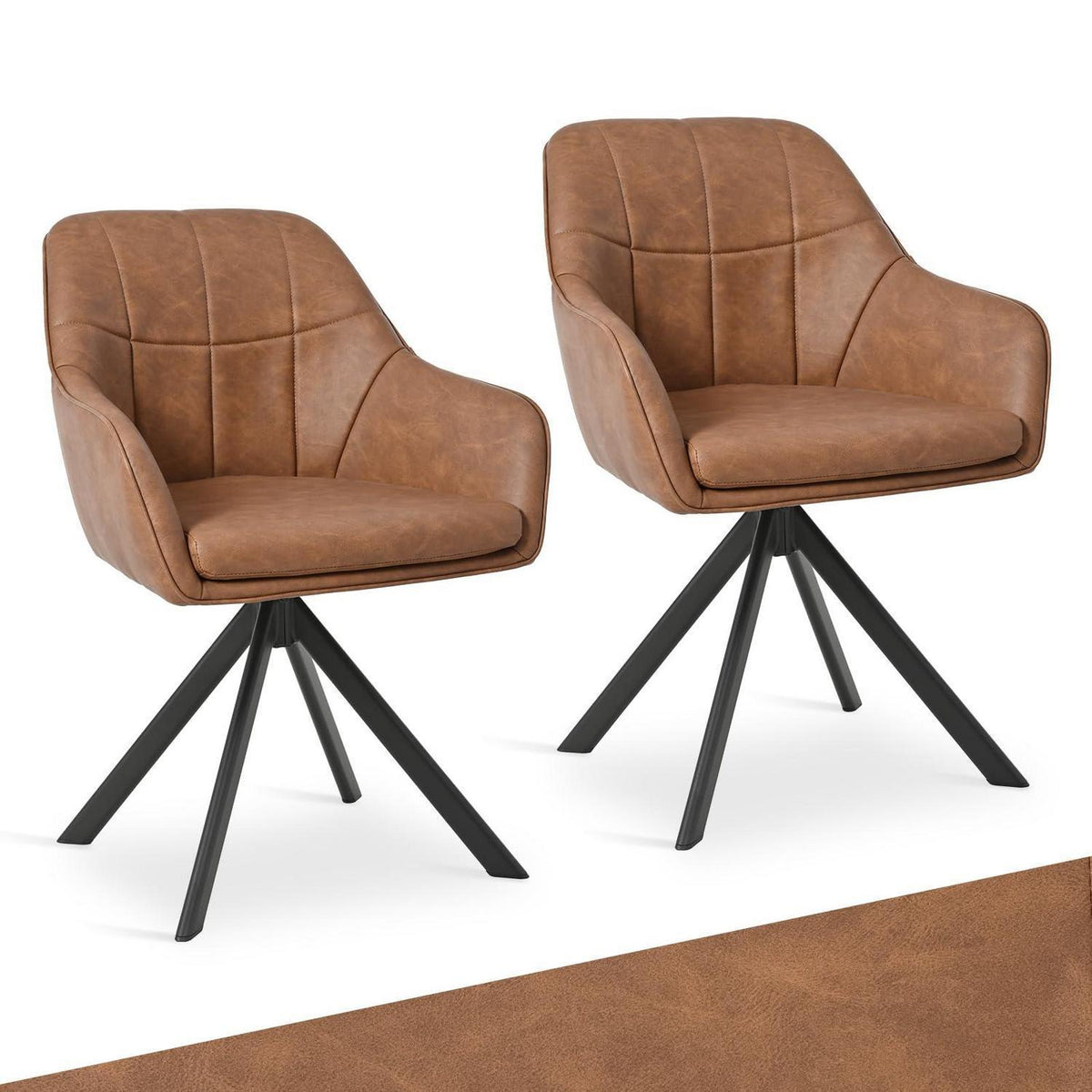 Drehstuhl Esszimmer 2er Set Braun mit Armlehnen in Lederoptik