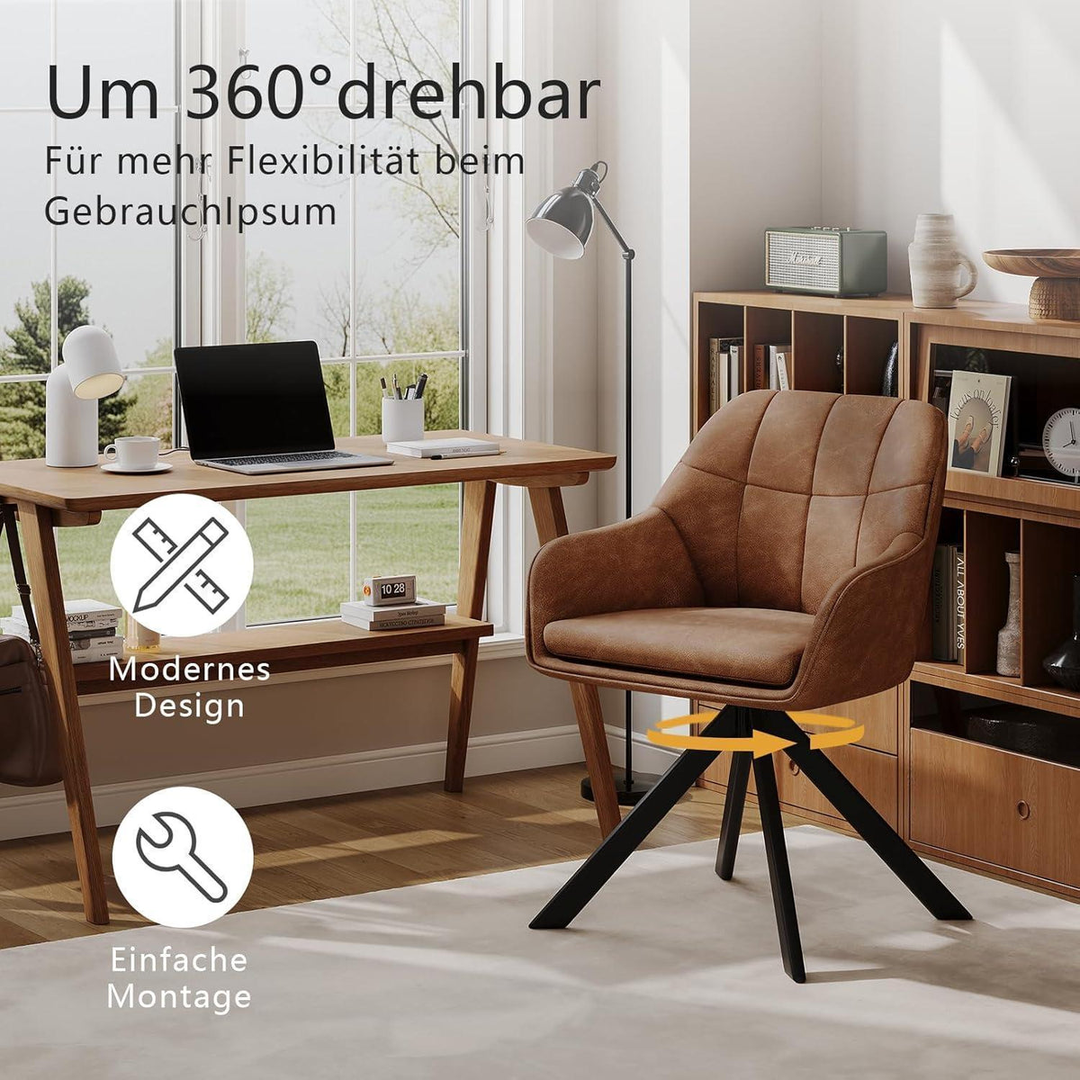Drehstuhl Esszimmer 2er Set Braun mit Armlehnen in Lederoptik