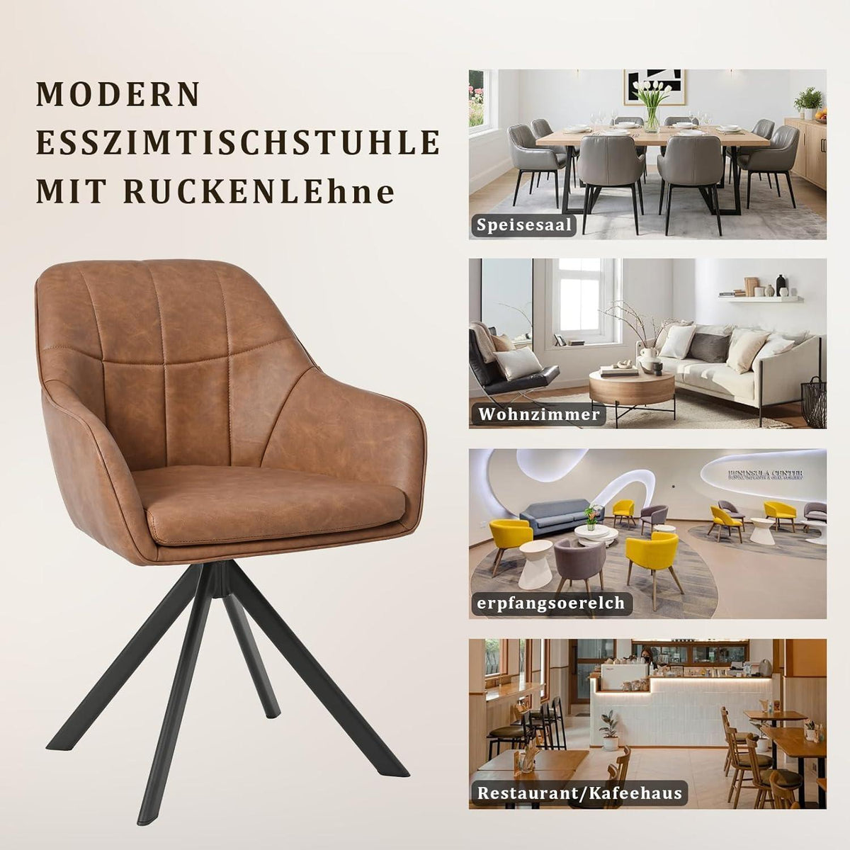 Drehstuhl Esszimmer 2er Set Braun mit Armlehnen in Lederoptik