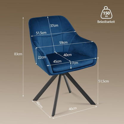 Drehbarer Esszimmerstuhl Set Dunkelblau mit Samt & Metallbeinen