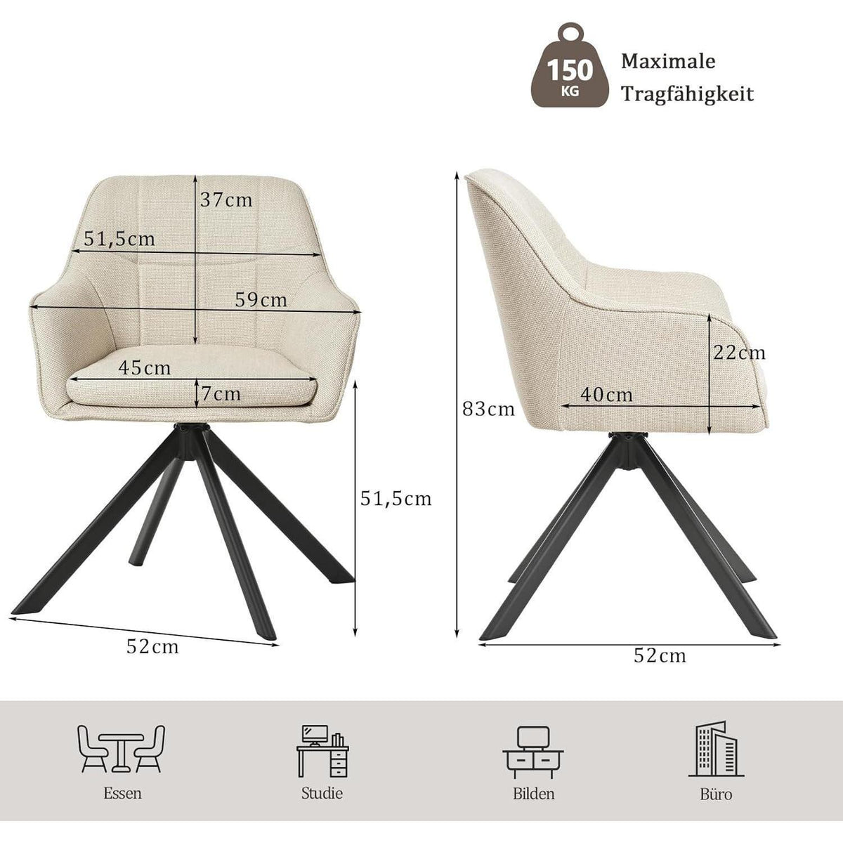 Drehstuhl Esszimmer Beige 2er Set – Ergonomisch & Kratzschutz