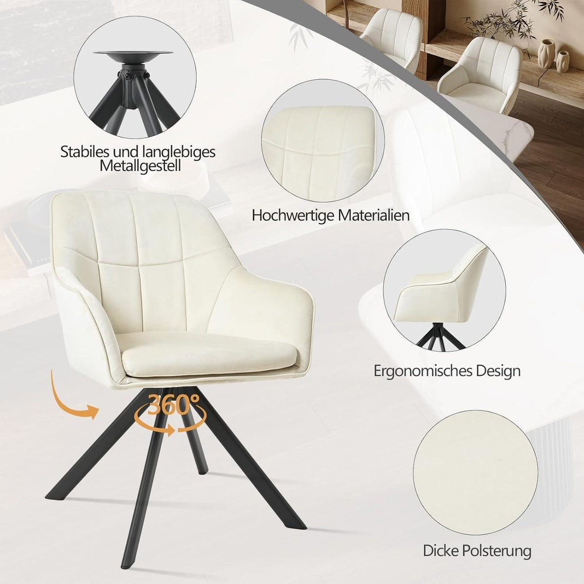 Drehbarer Esszimmerstuhl 2er Set Creme – Polsterstuhl mit Armlehne