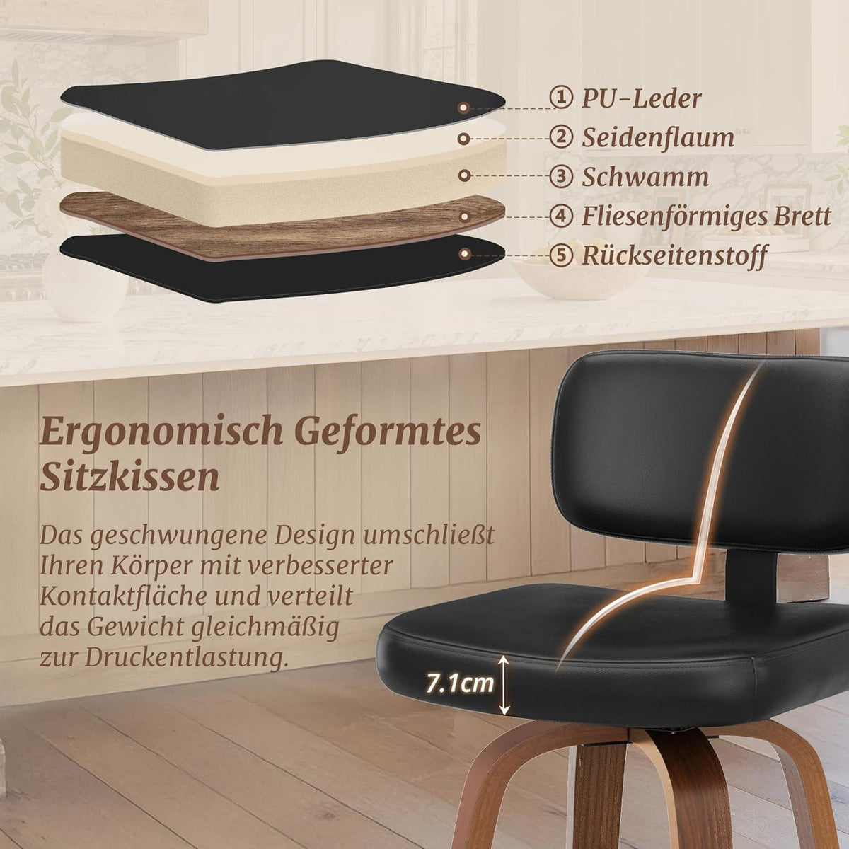 Drehbarer Barhocker 2er Set mit Lehne – Schwarz