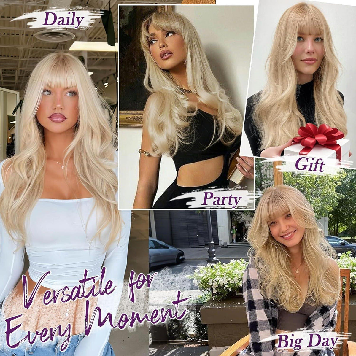 Blond Perücke mit Pony, 50cm, gewellt & natürlich