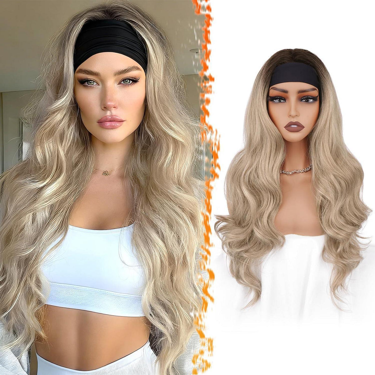 Ombre Blond Gewellte Stirnband Perücke 66cm – Kleberlos & Natürlich