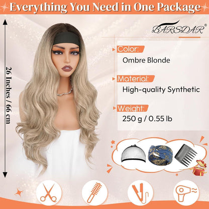 Ombre Blond Gewellte Stirnband Perücke 66cm – Kleberlos & Natürlich
