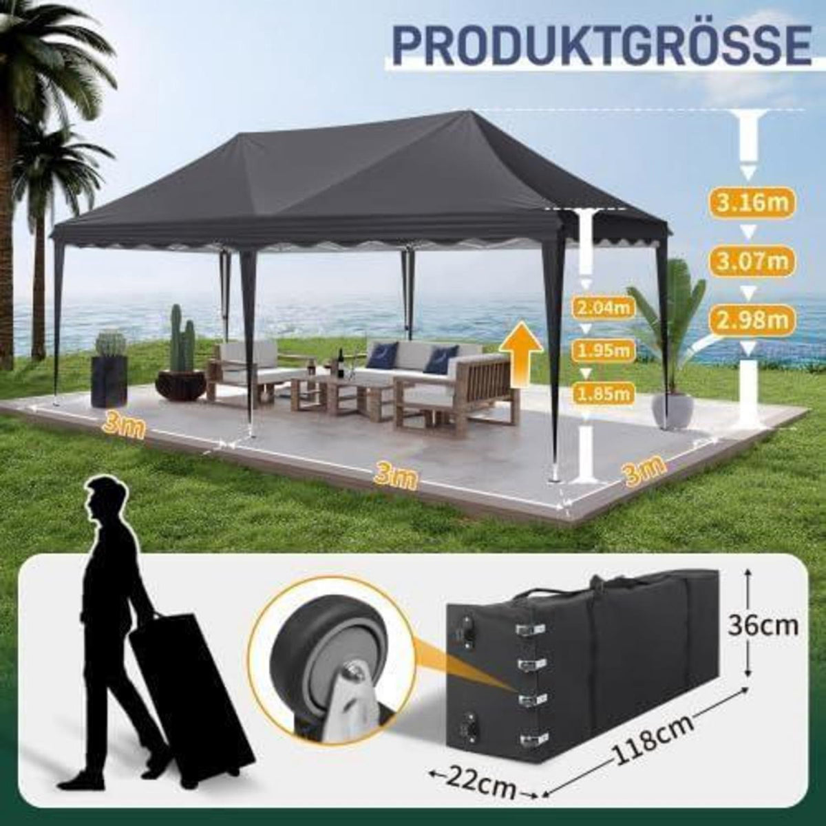 Bonnlo Gazebo 3x6m – Höhenverstellbares Partyzelt mit Seitenteilen