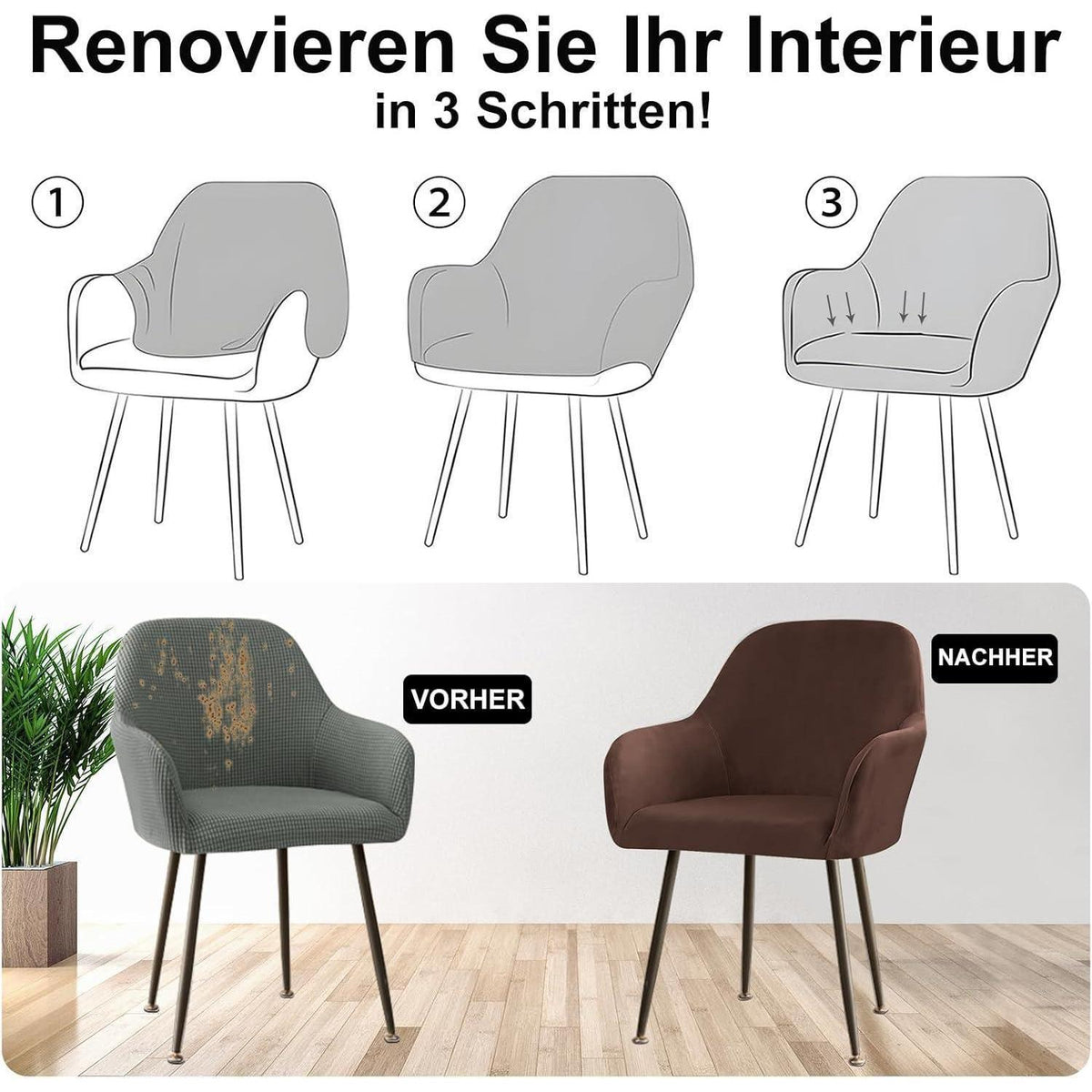 Stretch Samt Stuhlhussen Set - Braun, 4er Pack, Large