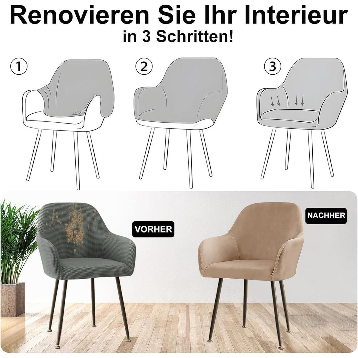 Stretch Samt Stuhlhussen 2er Set - Universal Sesselbezug Kamel
