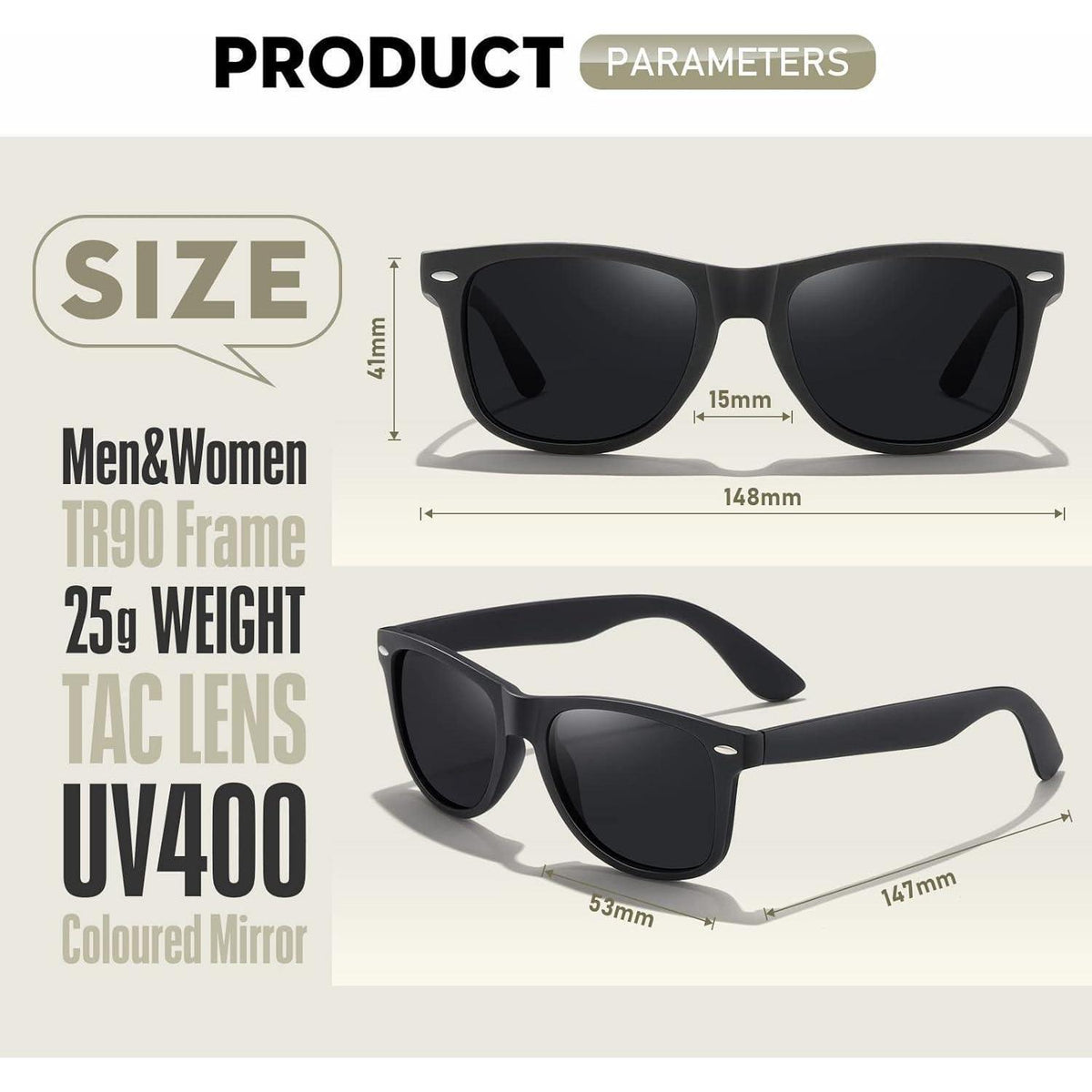 Polarisierte Sonnenbrille für Damen und Herren, Rechteckig, UV400