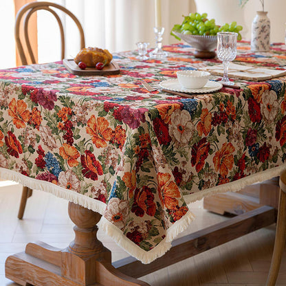 Vintage Blumen Tischdecke Rechteck mit Quasten & Leinen-Optik