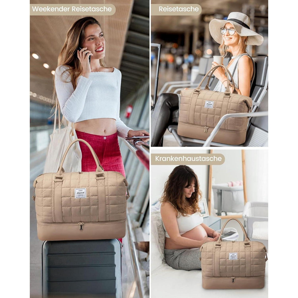 Reisetasche Damen Groß mit Schuhfach & Nassfach, Khaki