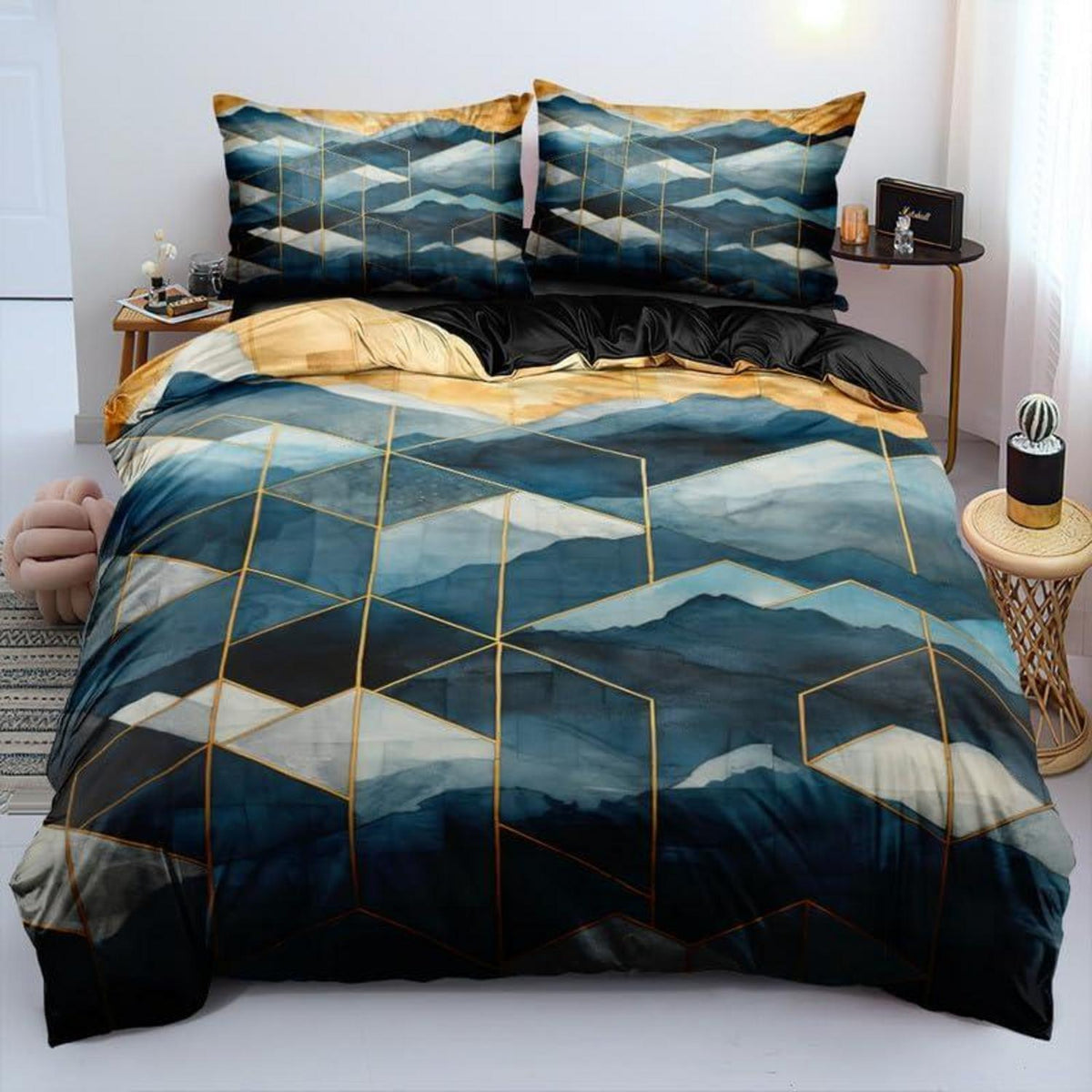 Marmor Bettwäsche Set Dunkelblau Gold 135x200cm 3D Effekt