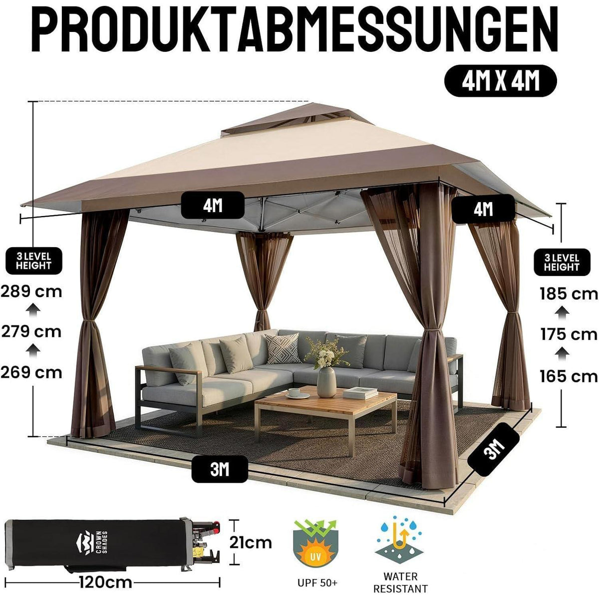 Crown Shades 4x4m Pop-up Pavillon wasserdicht mit Moskitonetz