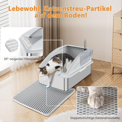 XXL Edelstahl Katzentoilette mit Streu-Recycling, Silbergrau