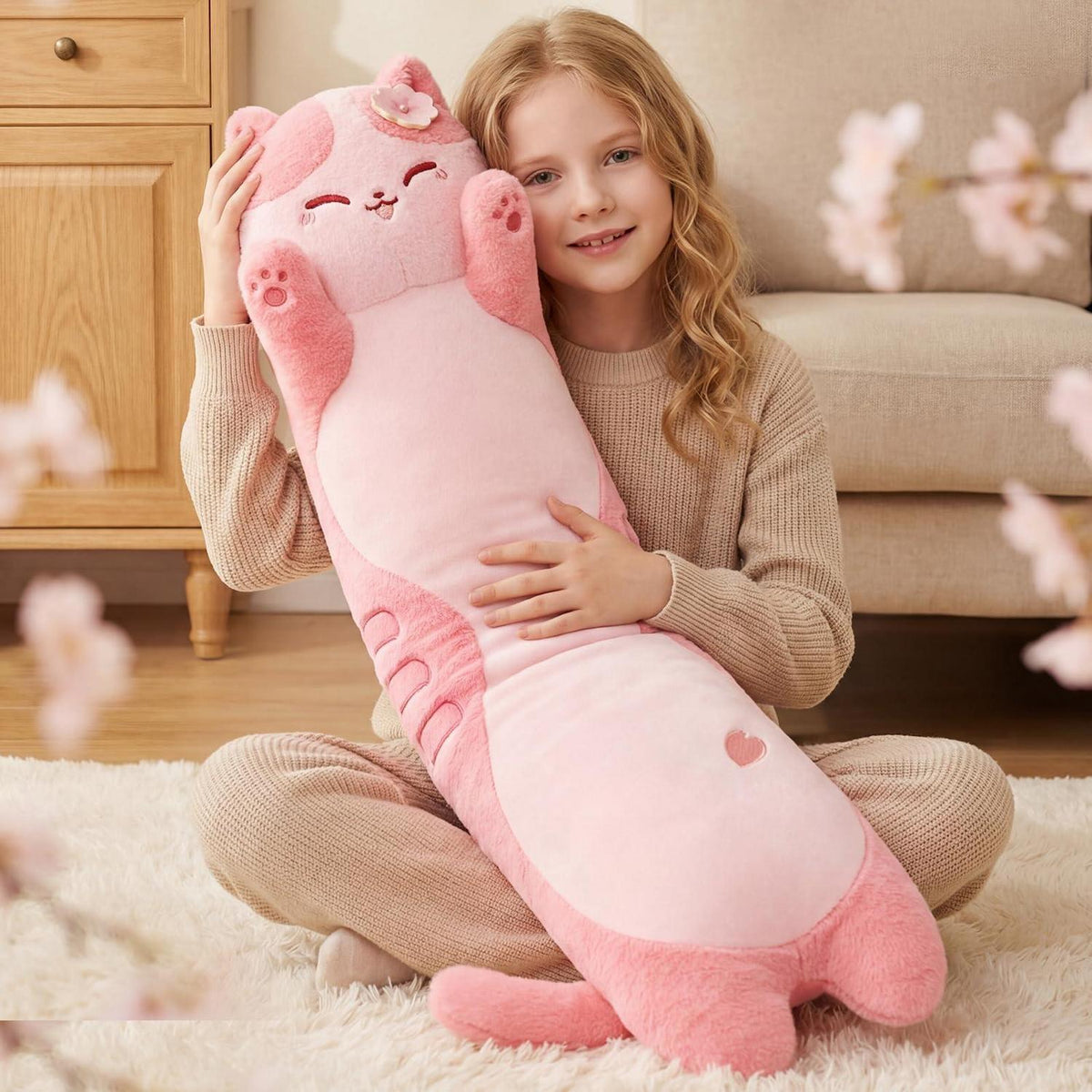 Langes Katzenkuschelkissen – Ultraweich, Rosa, 110cm – Perfektes Geschenk