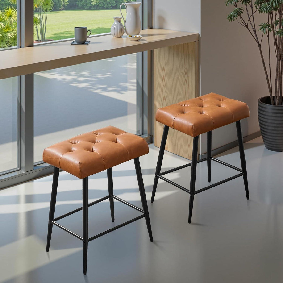 Barhocker 2er Set mit Fußstütze – Braun, Retro Stil