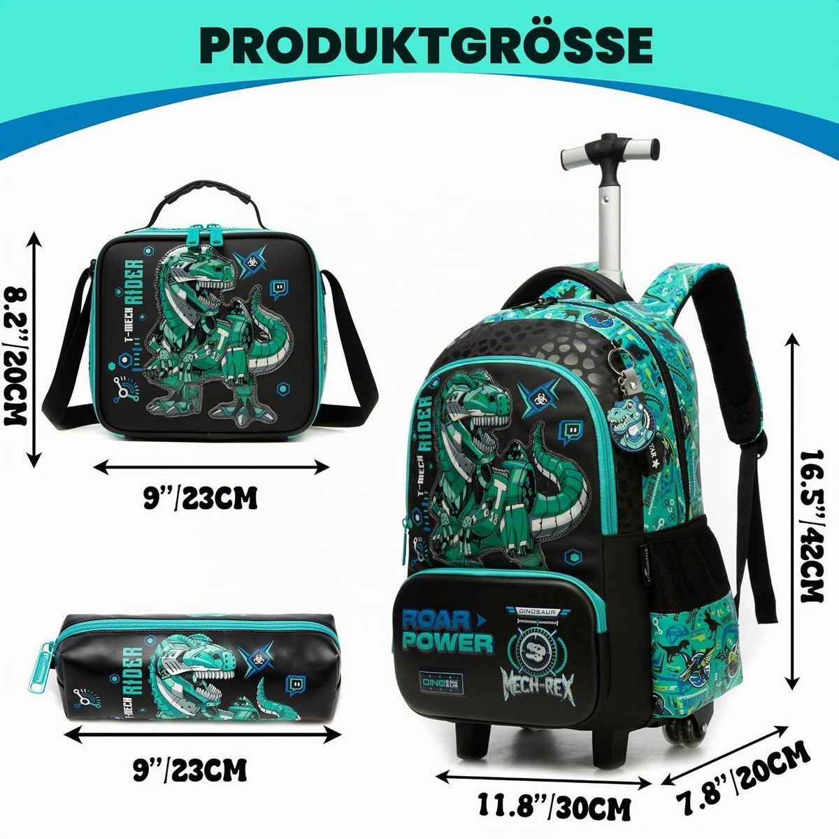 Schultrolley Rucksack Kinder Grün Dinosaurier mit Rollen
